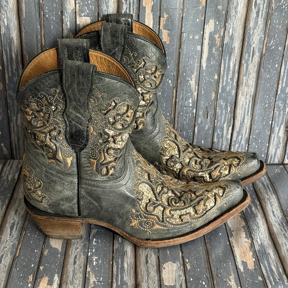 Corral Embroidery Black & Gold Inlay Western Boots Shorty's Teen Youth size 5